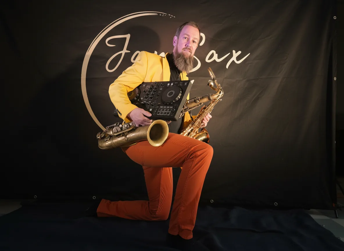 JaySax saksofonin ja elektronisen musiikkilaitteiston kanssa esiintymisasussa